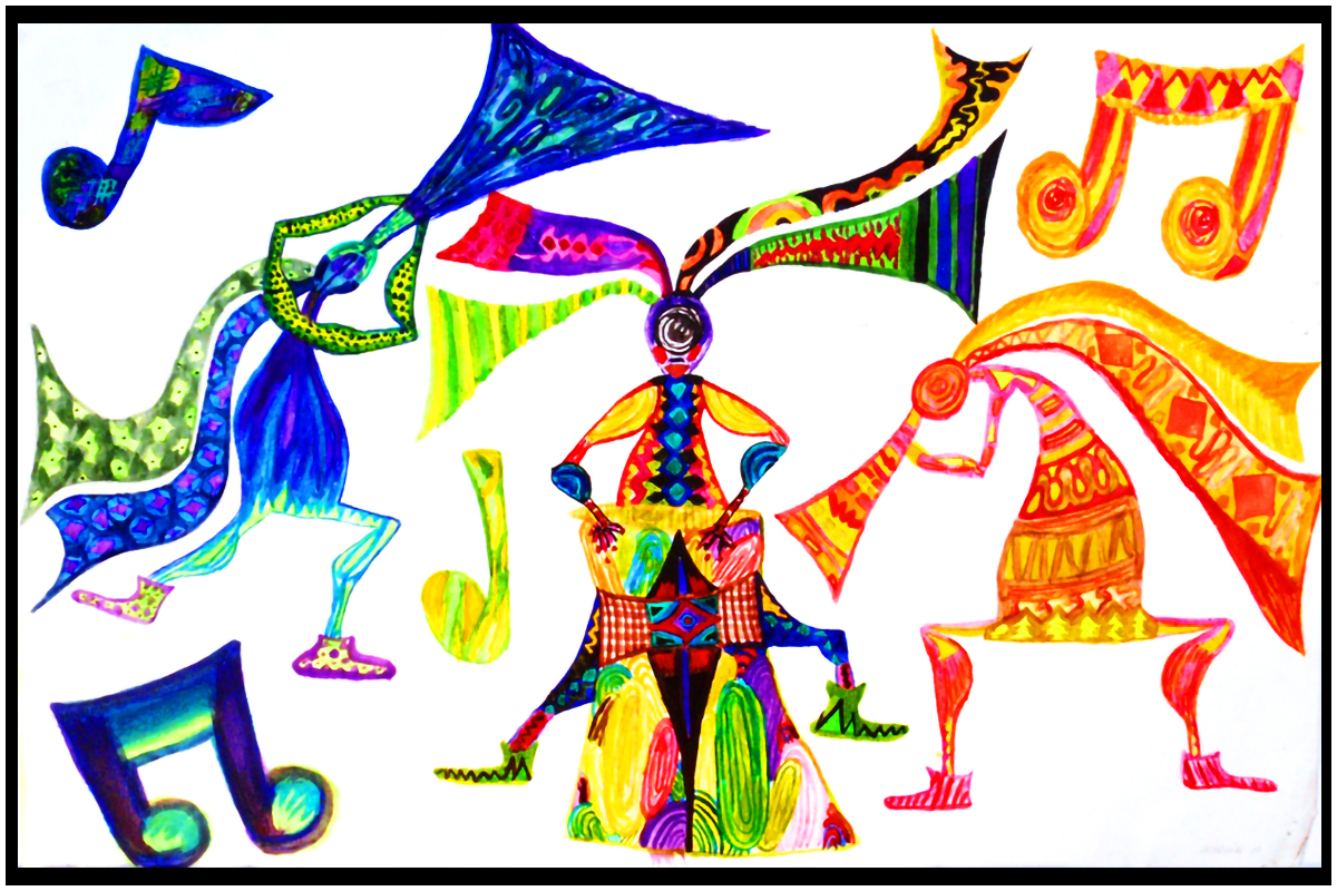 Ink Painting of Lively Band with Musical Notes