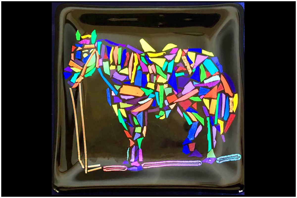 Dichroic Glass Horse on Black Plate