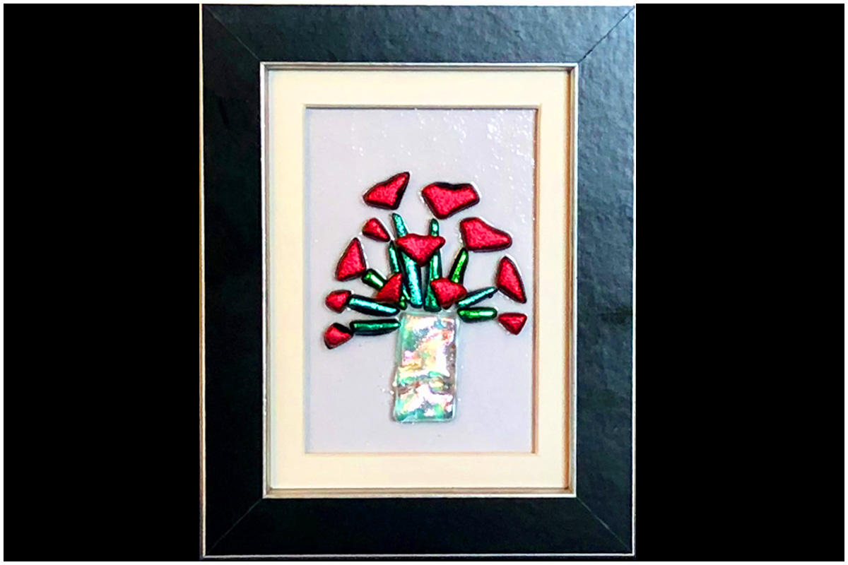 Dichroic Glass Red Rose Bouquet in Silver Vase