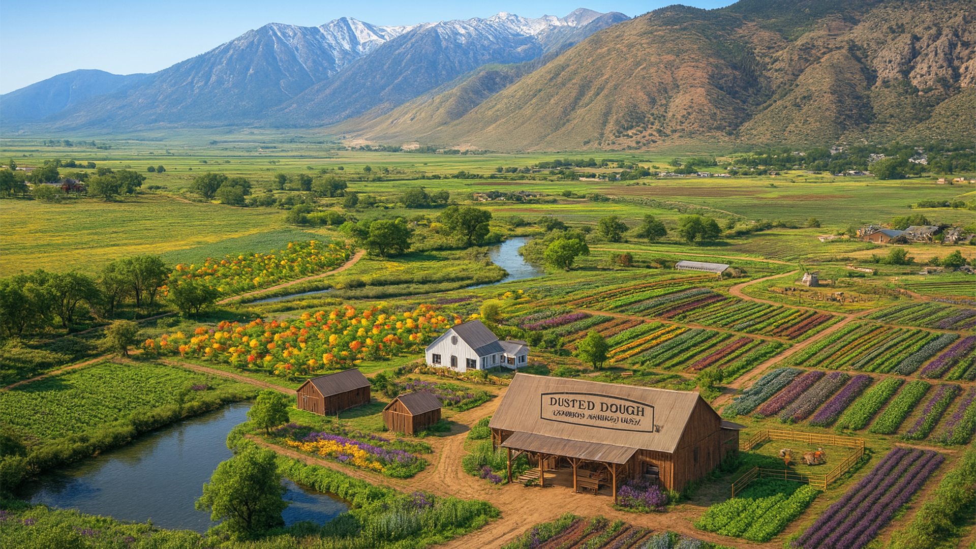 View of the Sierra Nevada behind the farm