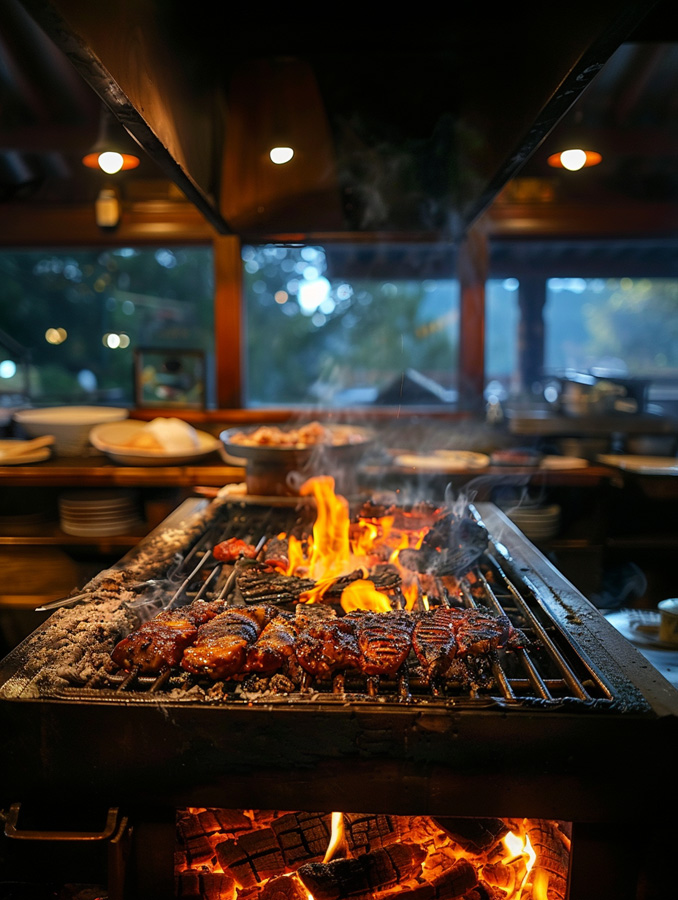 Live-fire cooking area with glowing embers