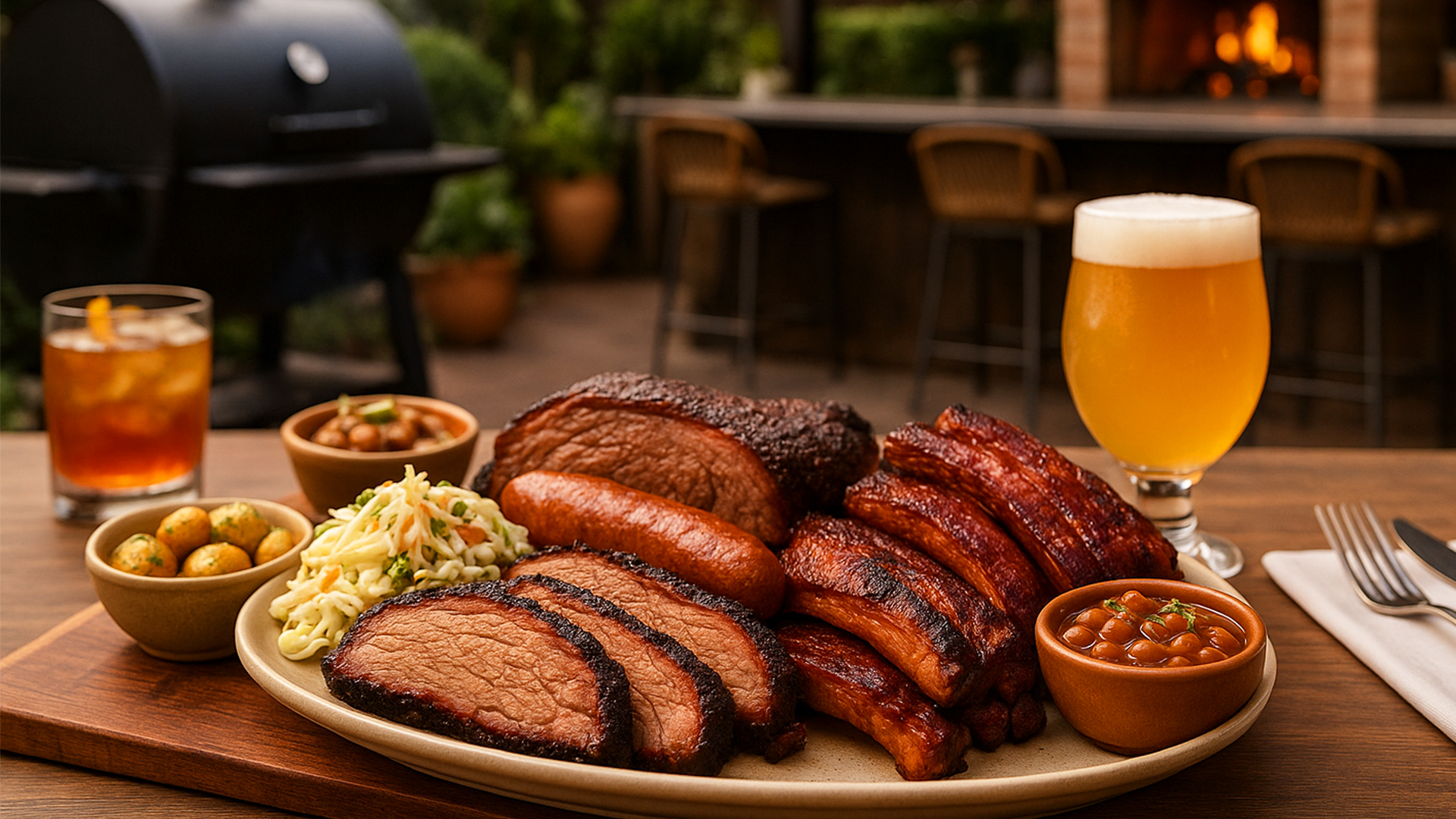 Sliced smokehouse brisket with char and smoke