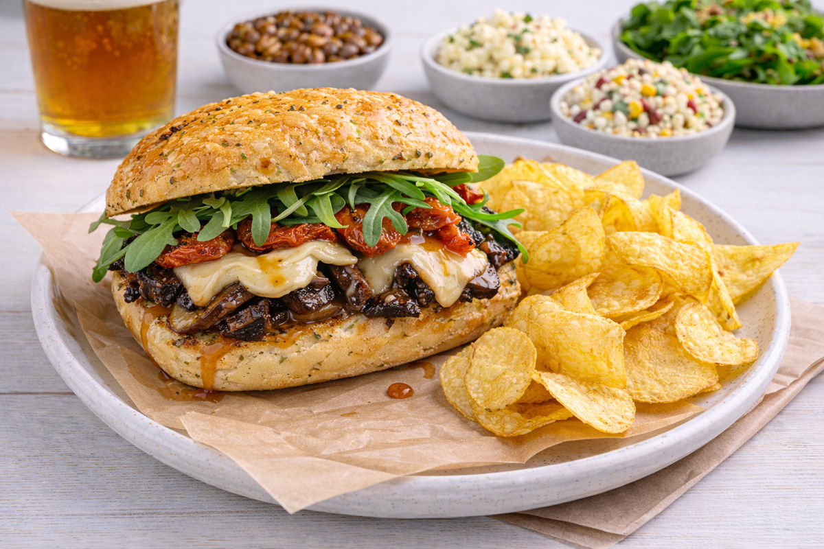 Smoked mushroom sandwich on herb roll