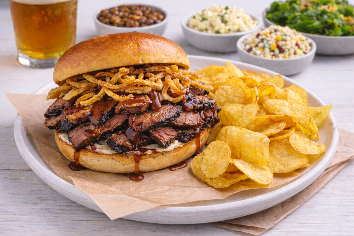 Smoked tri tip sandwich with BBQ sauce