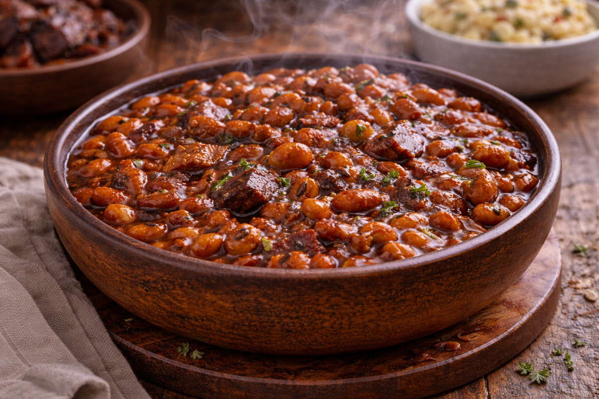 Slow-simmered campfire beans with bacon