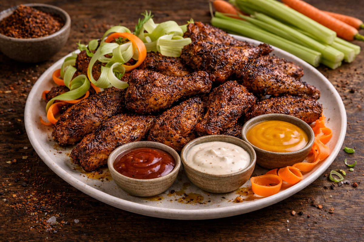 Smoked chicken wings with sauce trio