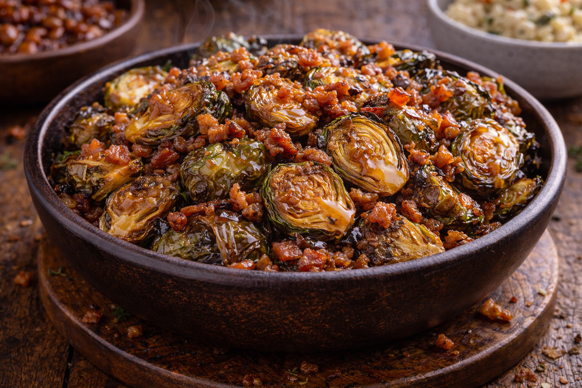 Crispy fried brussels sprouts with bacon glaze