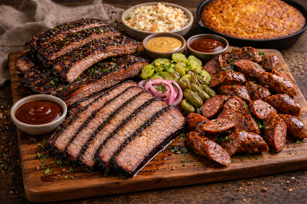Wood board with sliced brisket, ribs, sausage, pickles and sauces