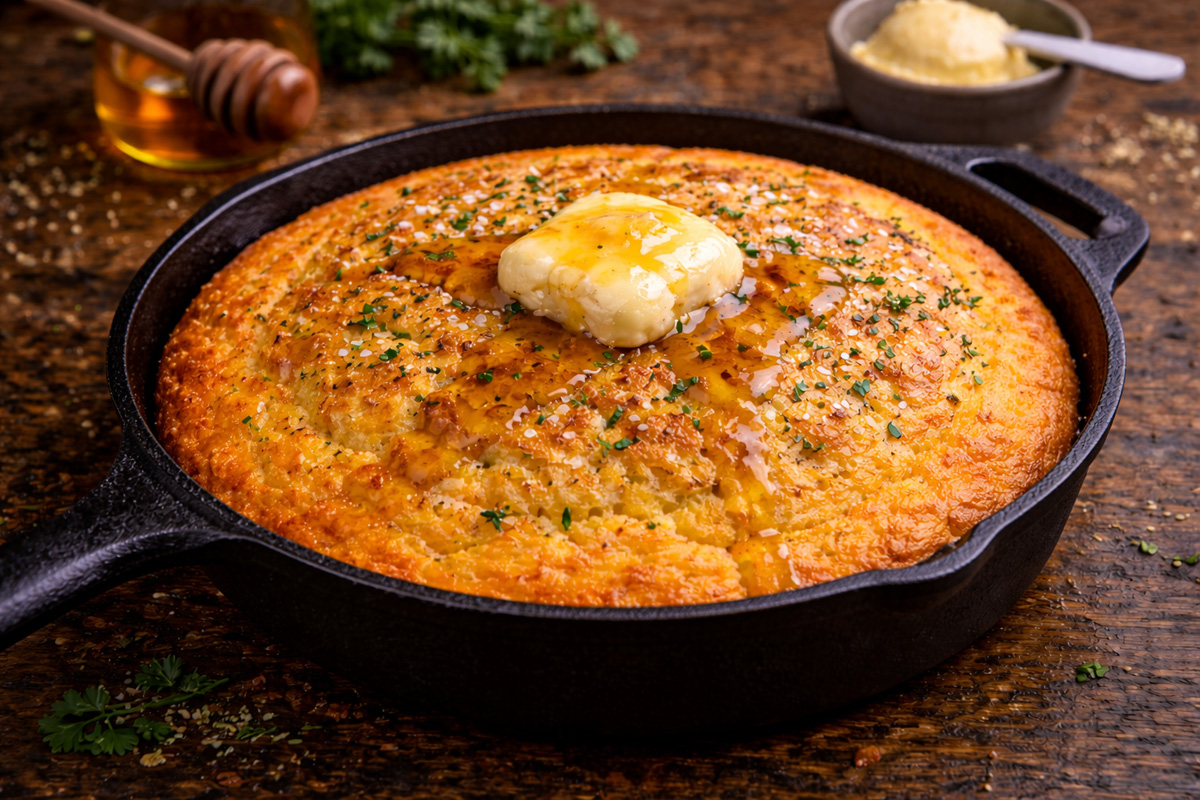 Skillet cornbread with honey butter