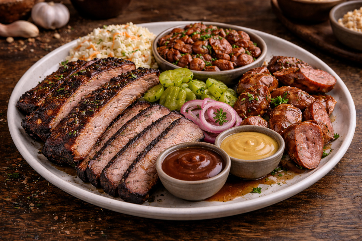 Sliced oak-smoked brisket with jus